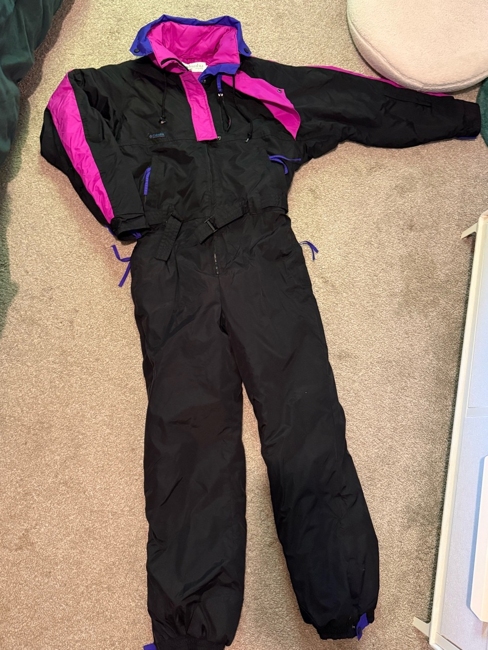 Women's Black and Pink Insulated Puffer Ski Suit